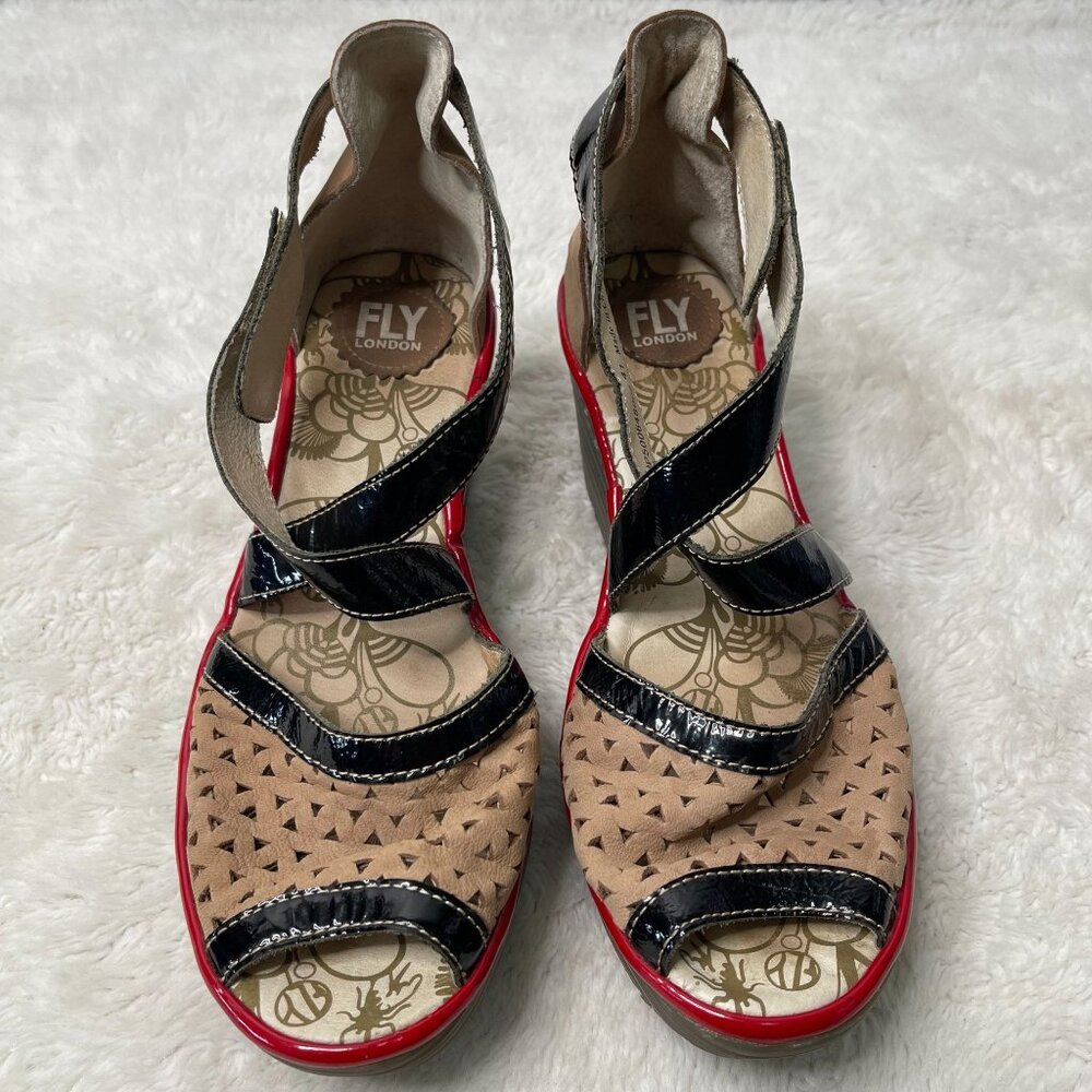 Fly London Women's Cream Black Perforated Wedge Peep Toe Buckle Shoes Size 41